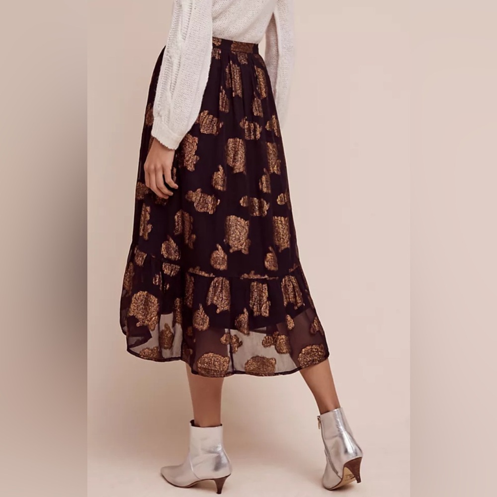 Anthropologie Floreat Oralie black and gold metallic floral midi skirt